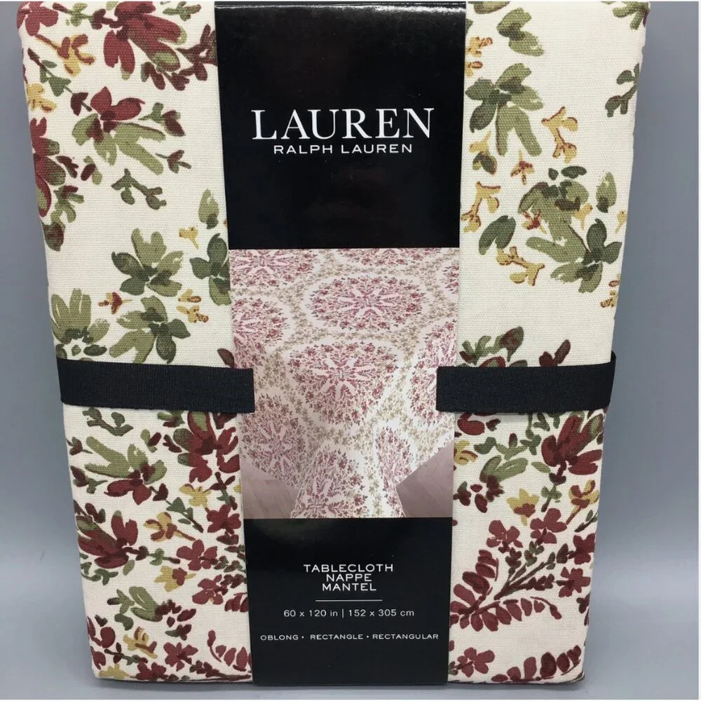 Ralph Lauren Floral Medallion Tablecloth Rusty Burgundy Green 60x120 Fall Decor